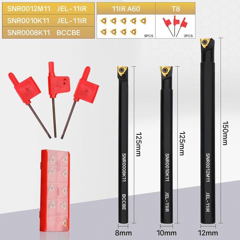 Joogto SNR0008K11, SNR0010K11, SNR0012M11 Indexable Lathe Turning Tool 12Pcs Kit, 3 Pcs Metal Lathe Tools Holder Set, with 9Pcs 11IR A60 Carbide Inserts Turning Inserts Carbide Turning Tool - Image 2